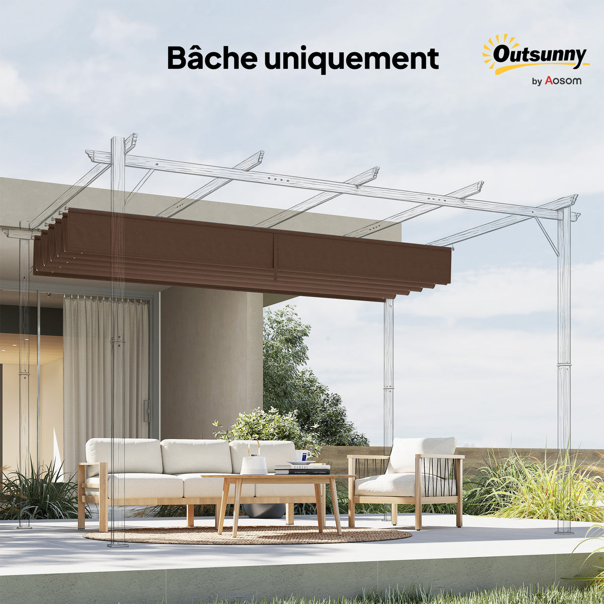 Toile de toit pour pergola tonnelle rétractable de 4 x 3 m - toile uniquement 350 x 260 cm café-8