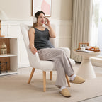 Fauteuil de salon en tissu bouclette, fauteuil capitonné et rembourré avec pieds en bois, 71 x 74 x 96 cm, beige-1