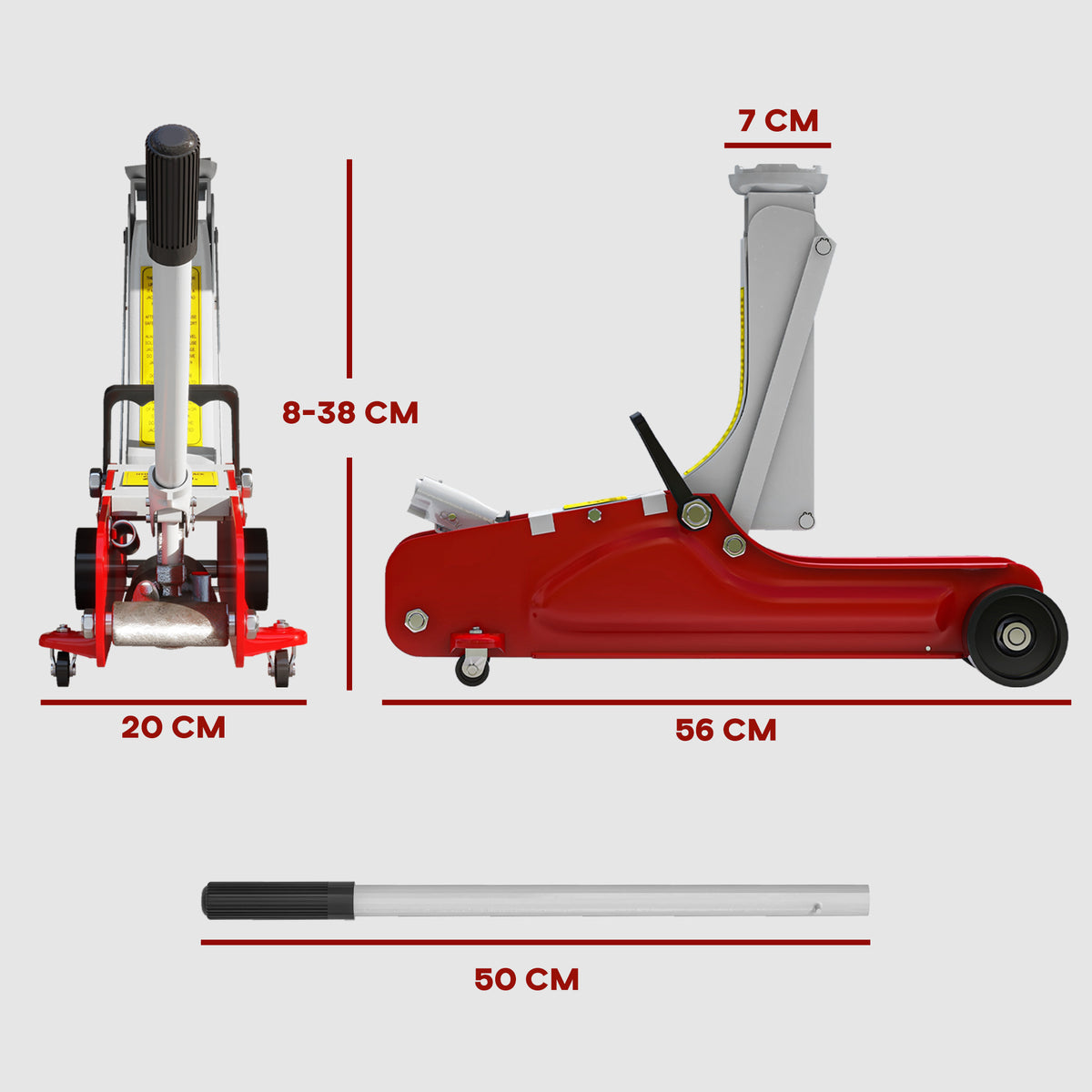 Cric hydraulique à profil bas, en acier robuste, Charge maximale de 2500 kg, capacité de levage de 8 à 38 cm, rouge-2