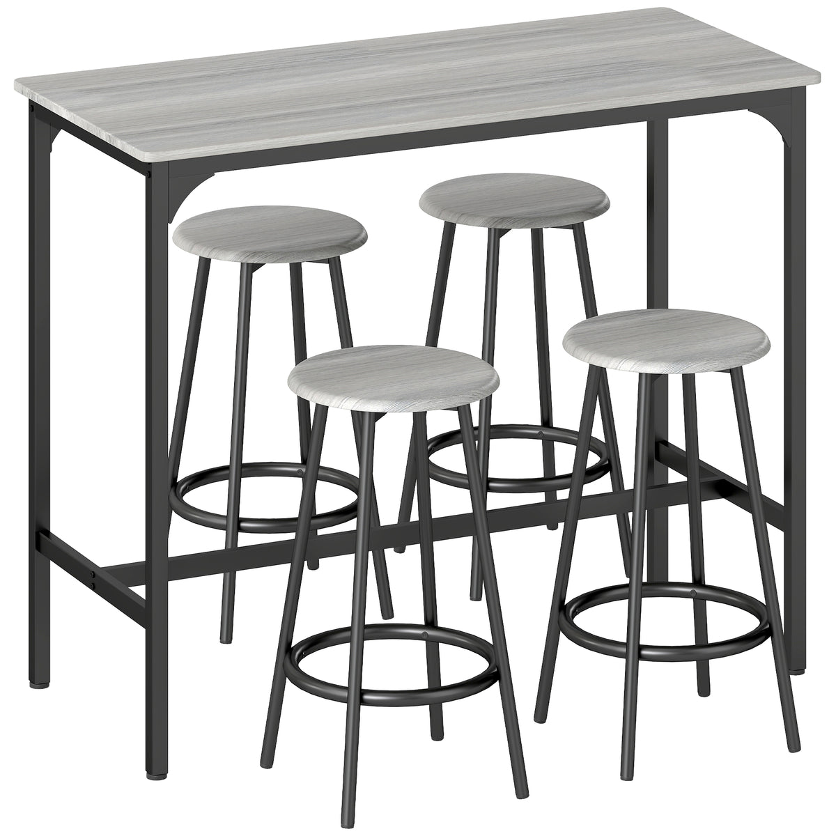 Ensemble table haute et 4 tabourets avec Repose-Pieds, métal noir et aspect bois pour cuisine salle à manger-0