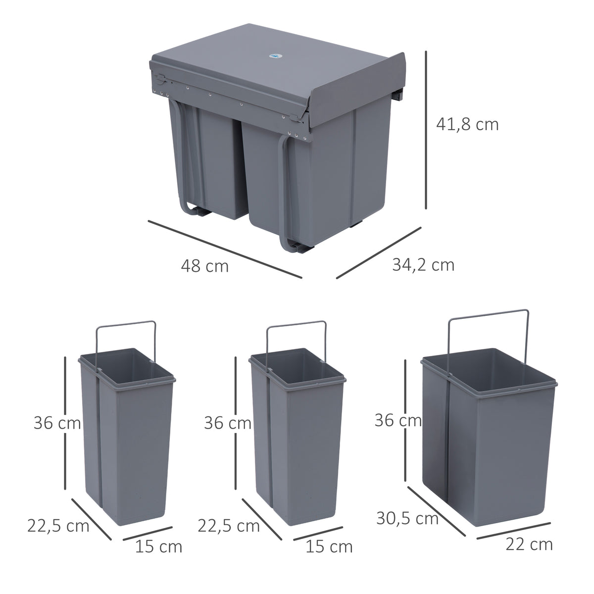 Poubelle coulissante 40L avec 3 bacs amovibles pour tri sélectif 2 x 10L et 1 x 20L - gris-2