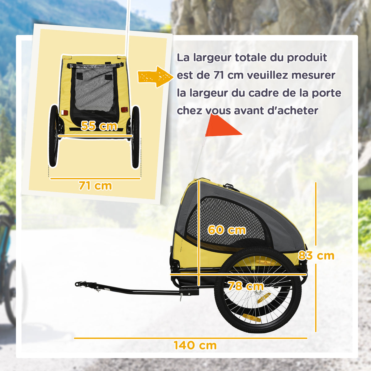 Remorque de vélo pour chien avec fenêtres en maille réflecteurs et drapeau de sécurité 140 x 71 x 83 cm jaune-2