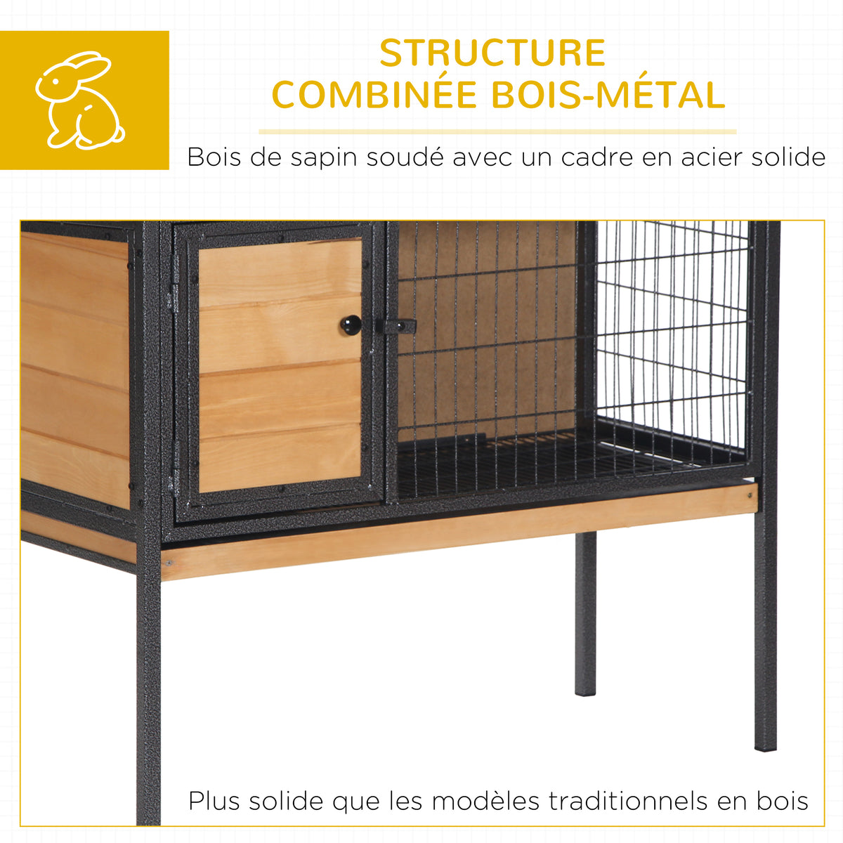 Cage à lapins en bois sur pieds, clapier pour rongeurs, cochons d'inde avec toit ouvrable - dim. 91,5L x 45l x 70H cm-6
