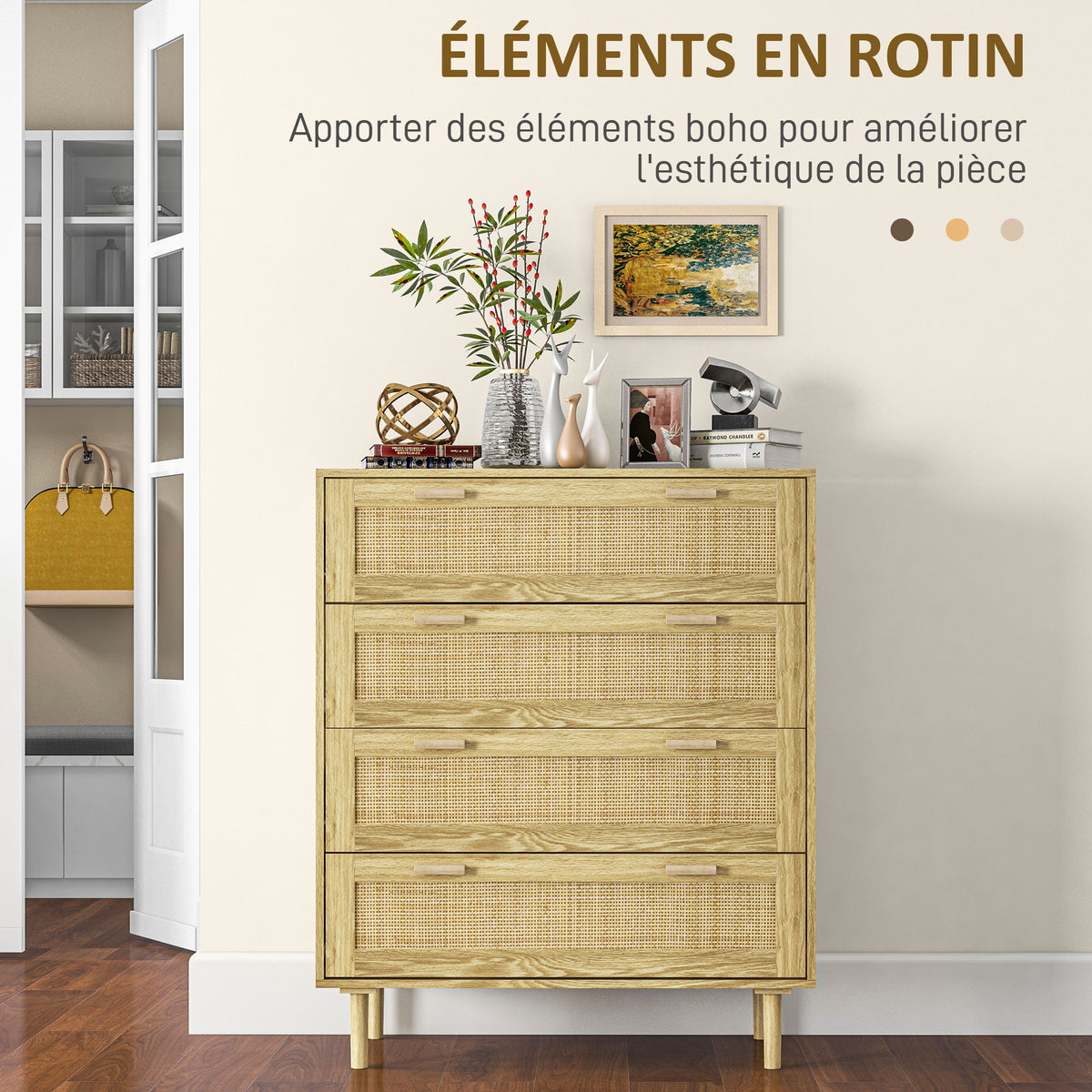 Commode 4 tiroirs meuble de rangement façade tissage en rotin style bohème dim. 90l x 45P x 108,5H cm Aspect Bois Clair-3