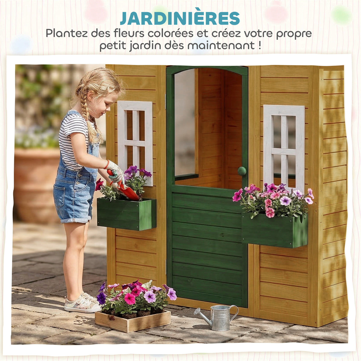 Cabane enfant extérieur en bois, maison enfant extérieure avec porte, fenêtres, 2 bacs à fleurs, 134,5x97x150cm, marron-4
