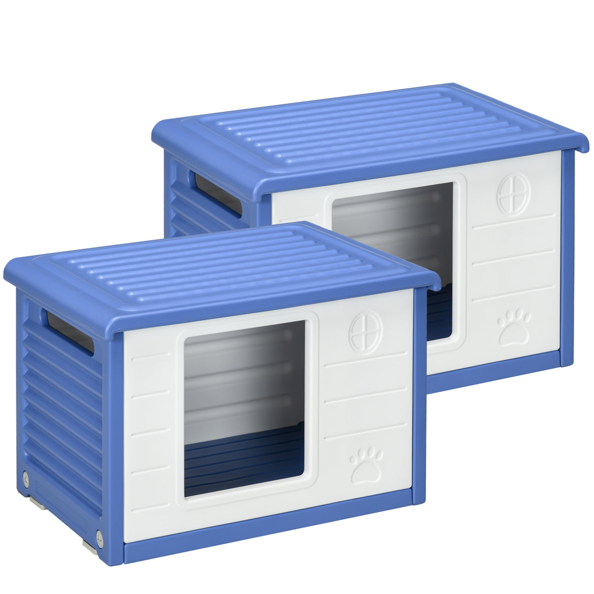 Lot de 2 niches pour chien extérieure en plastique maison pour chiens avec bouches d'aération bleu et blanc-0