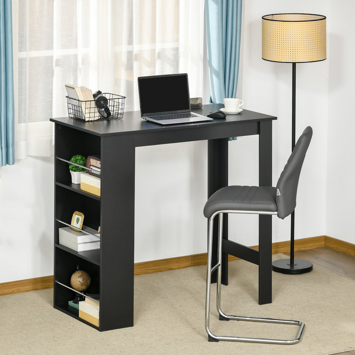 Table de bar table haute de cuisine mange-debout comptoir - dim. 112L x 57l x 106H cm - 3 étagères - noir-9