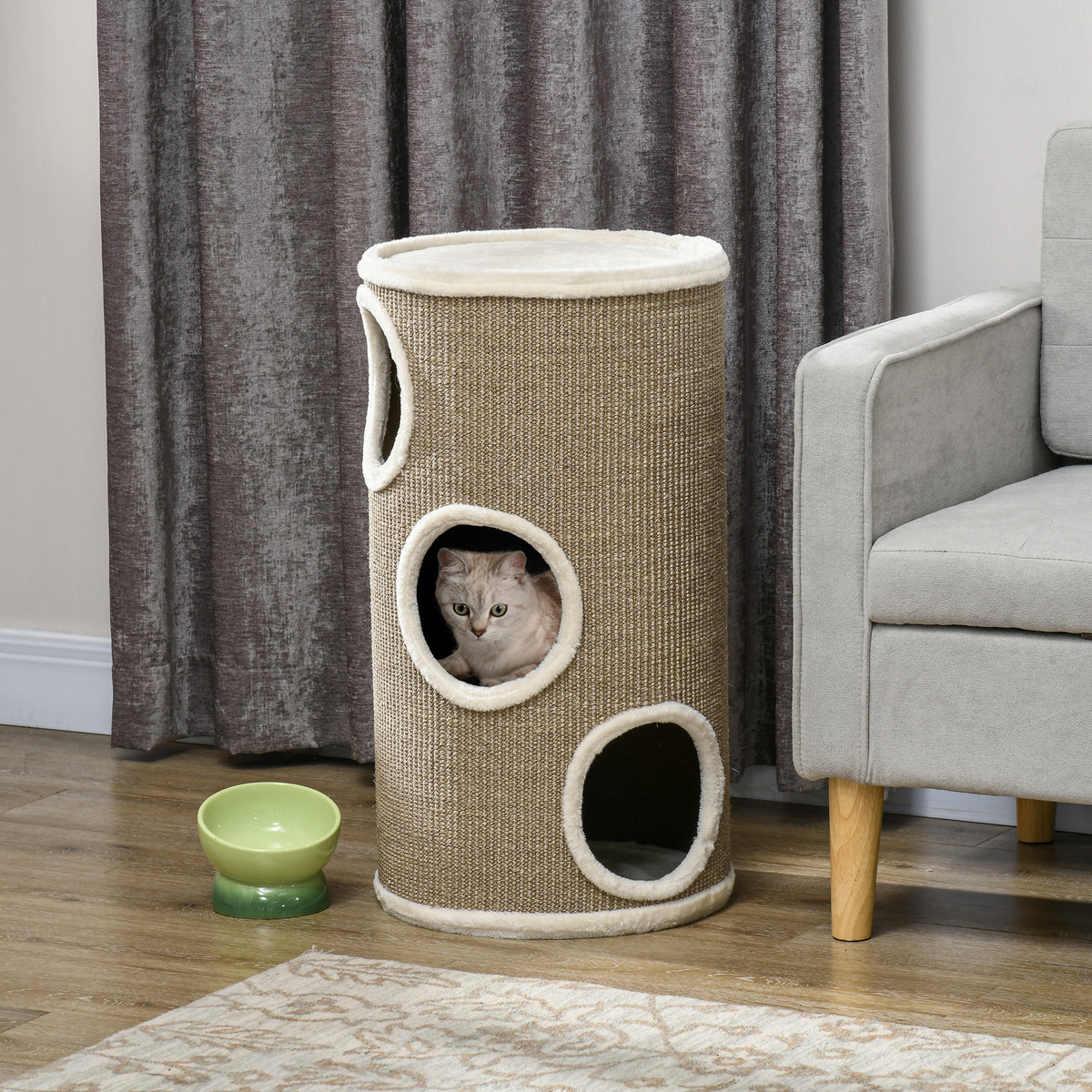 Tonneau à Gratter pour Chat, Tour à Griffer en Sisal à 3 Niveaux Recouvert de Peluche, Ø 38 x 70 cm, Marron-9