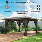 Tonnelle barnum de jardin pop-up pliant double toit protection UV 50+ avec 4 moustiquaires zippées 4 x 4 m beige-4