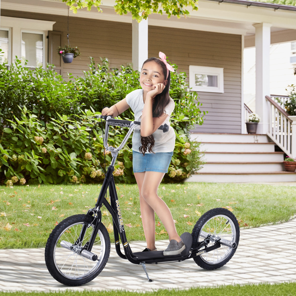 Trottinette patinette Grandes Roues pneumatiques Ø 41 cm Hauteur Guidon réglable béquille pegs Inclus Acier Noir-1