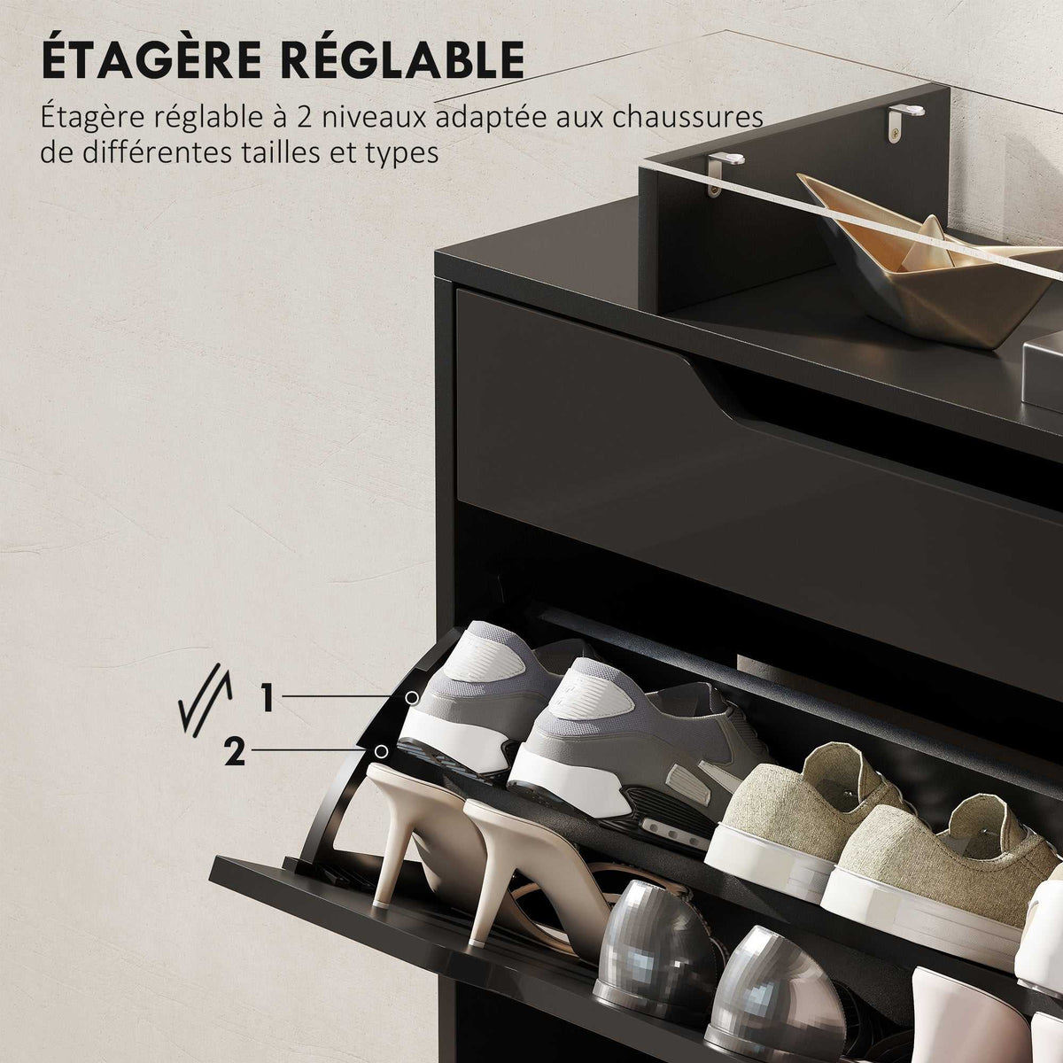 Armoire à Chaussures, 2 Tiroirs Rabattables, 1 Tiroir Coulissant, 1 Comptoir, 89x23x96cm, Noir-4