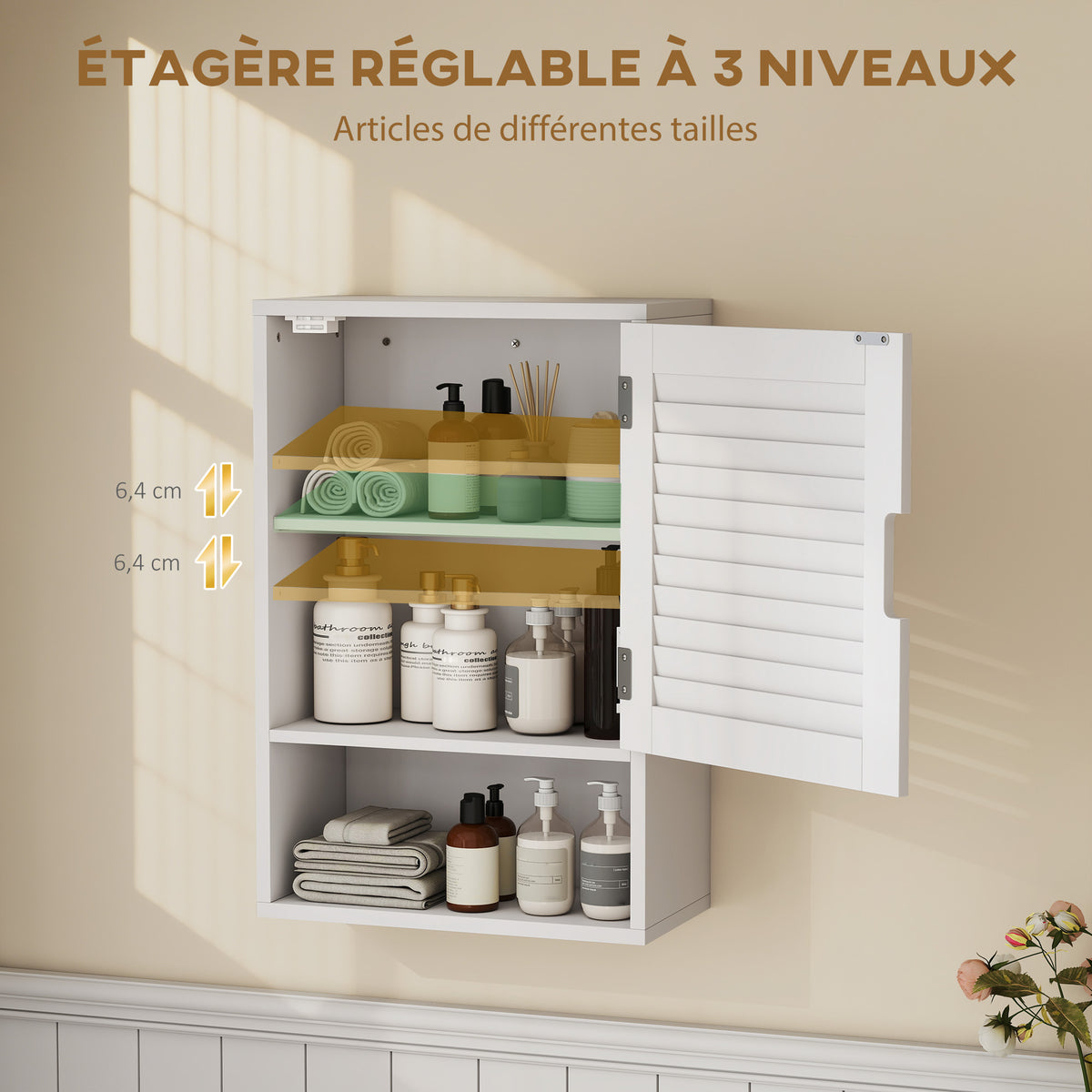 Armoire murale de salle de bain avec porte à lattes, étagère réglable et compartiment ouvert, 40x20x60cm, blanc-4