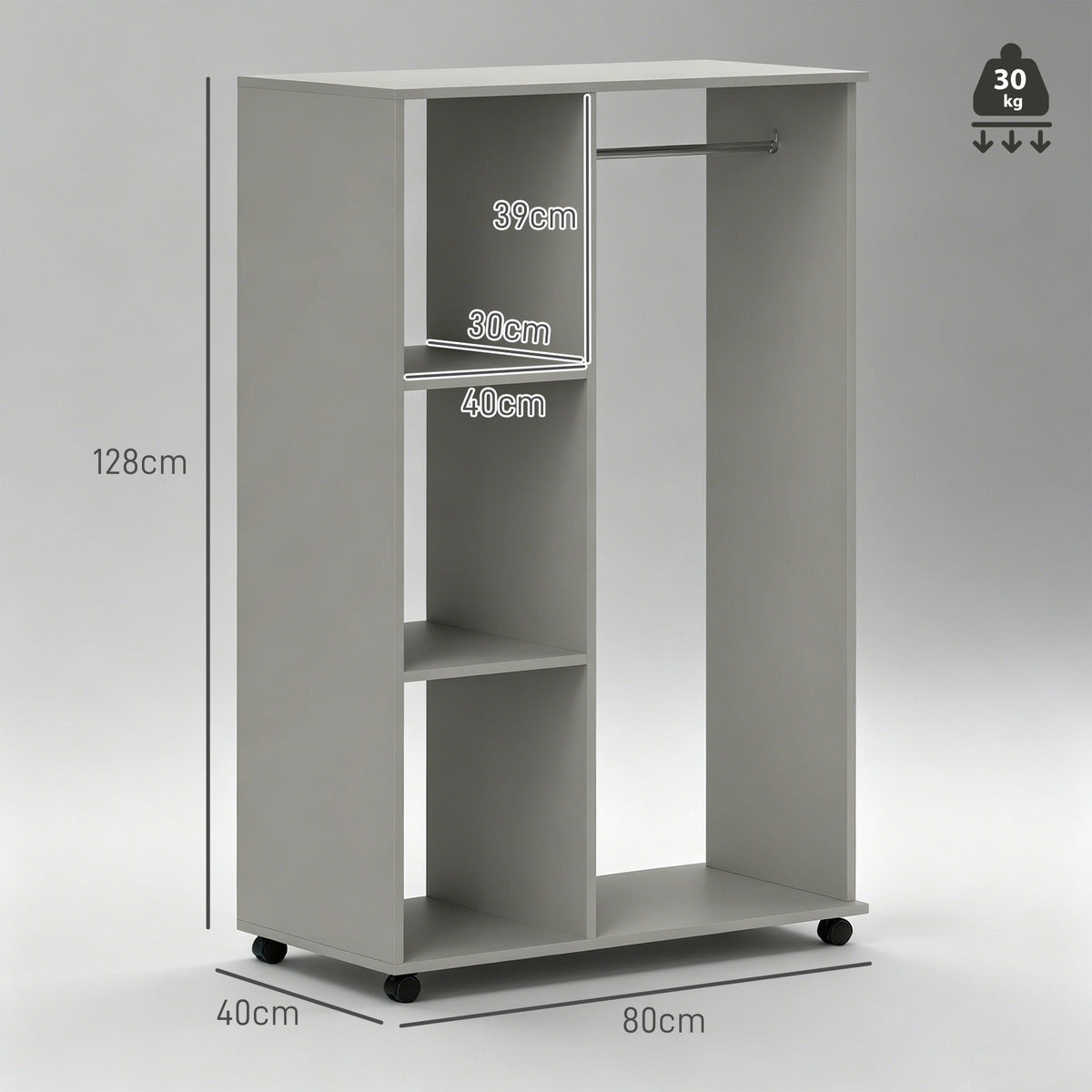 Armoire penderie meuble de rangement mobile 4 roulettes avec tringle à vêtements et étagères ouvertes, gris-2