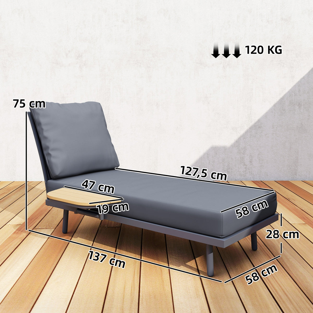 Chaise Longue de Jardin avec Coussins Lavables en Oléfine et Étagère Latérale, Cadre en Métal, 58x137x75cm, Gris-2
