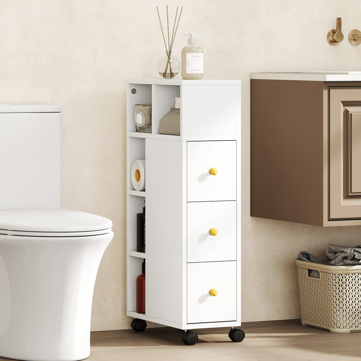 Meuble de salle de bain à roulettes, meuble de rangement étroit, 3 tiroirs, 5 compartiments ouverts, 20x40x80cm, blanc-1