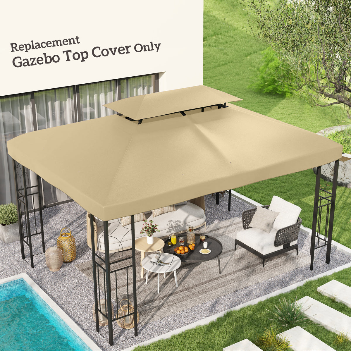 Toile de rechange pour pavillon tonnelle tente 3 x 4 m polyester haute densité 180 g/m² beige-1