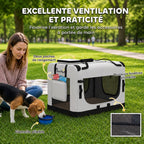 Grand Sac Transport Chat Chien Plaible Respirant Sangle Sécurité Coussin Lavable Gamelle Pliable 70x52x50cm Gris Clair-6
