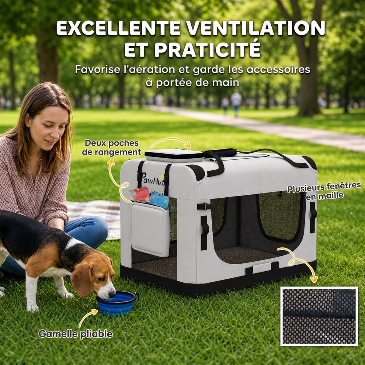 Grand Sac Transport Chat Chien Plaible Respirant Sangle Sécurité Coussin Lavable Gamelle Pliable 70x52x50cm Gris Clair-6