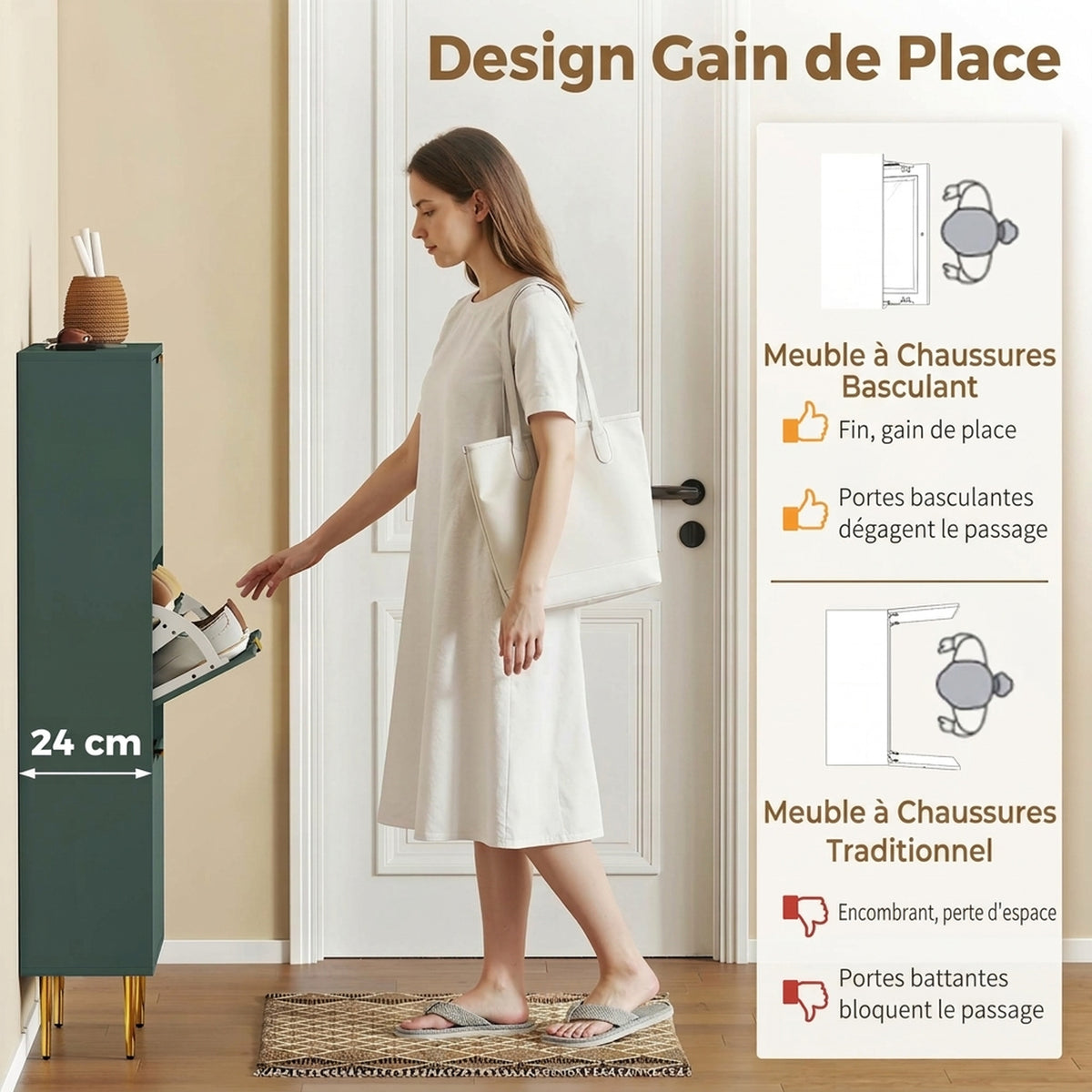 Meuble à Chaussures 18 Paires, Armoire à Chaussures avec 3 Tiroirs, Façades Cannelées et Étagères Réglables, Vert Foncé-3