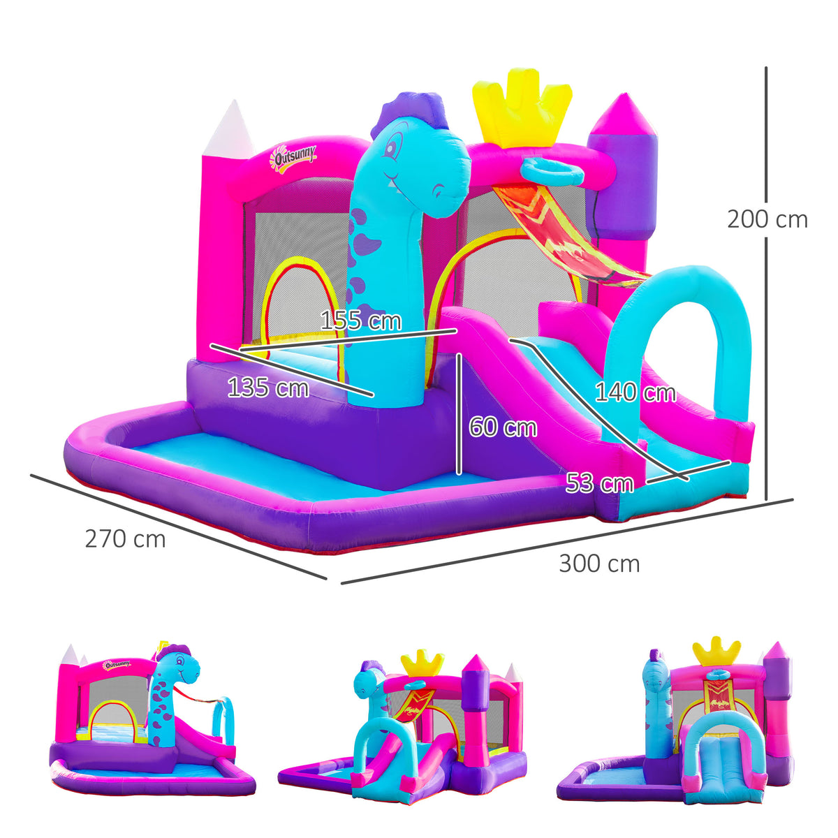 Château Gonflable avec Toboggan, Trampoline, Aire de Jeux Piscine et Panier Jusqu'à 3 Enfants +3 Ans gonfleur et Sac de Transport Souffleur 350W inclus dim. 300L x 270l x 200H cm Multicolore-2