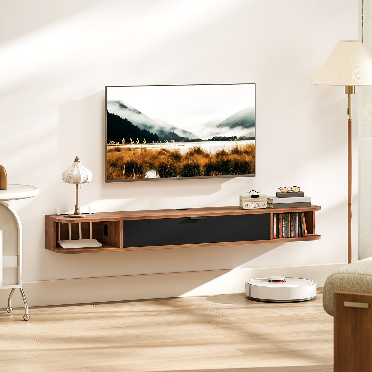 Meuble TV Suspendu, Meuble Télé pour Téléviseur jusqu'à 60 Pouces, Tiroir Rabattable, 2 Étagères, 140x24x16cm, Noyer-9