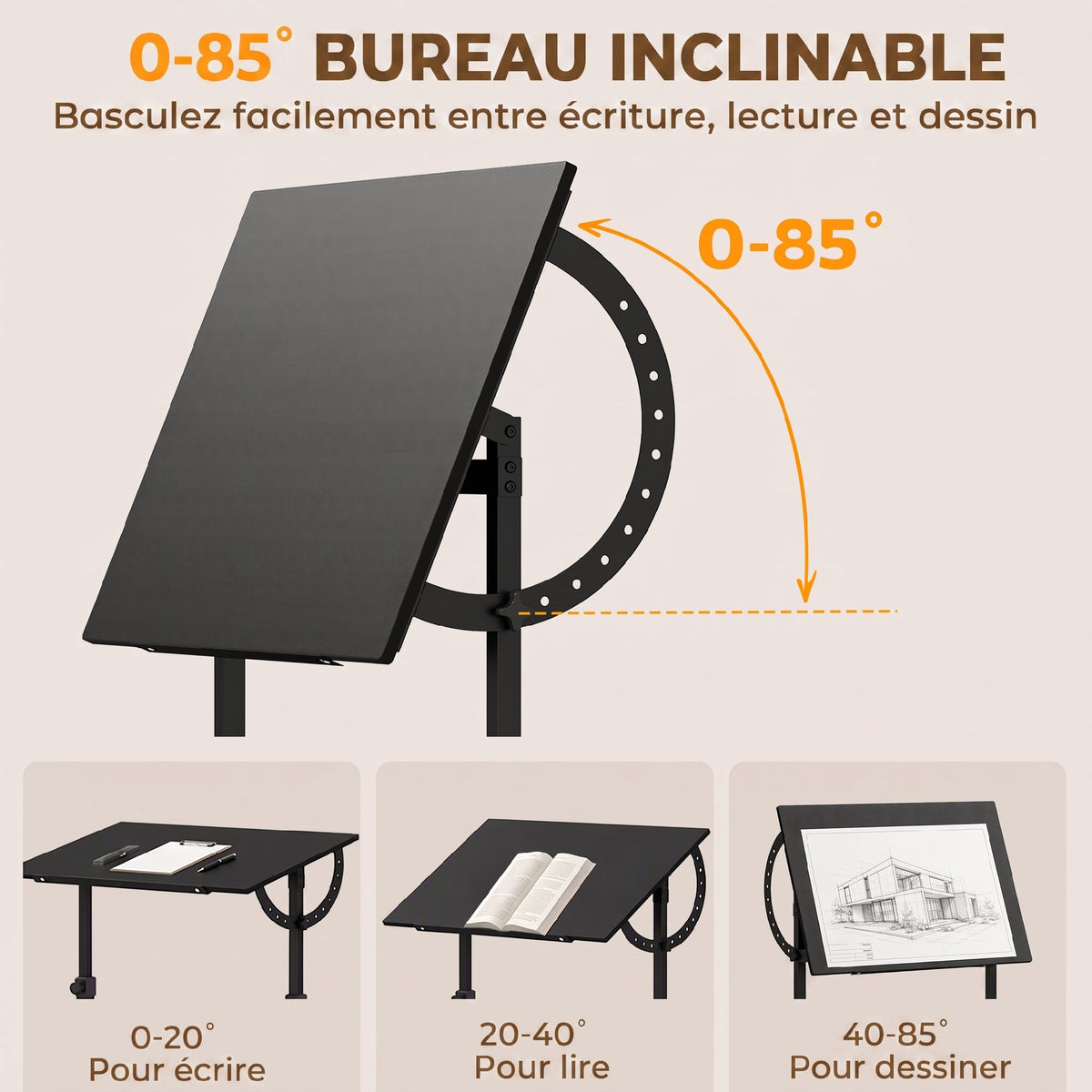 Table à Dessin Inclinable 0°-85°, Bureau à Dessin Réglable en Hauteur avec Rebord Antidérapant, Cadre en Acier, Noir-3