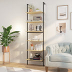 Étagère échelle mural bibliothèque style industriel 6 étagères acier noir aspect bois naturel dim. 60L x 30l x 206H cm-9