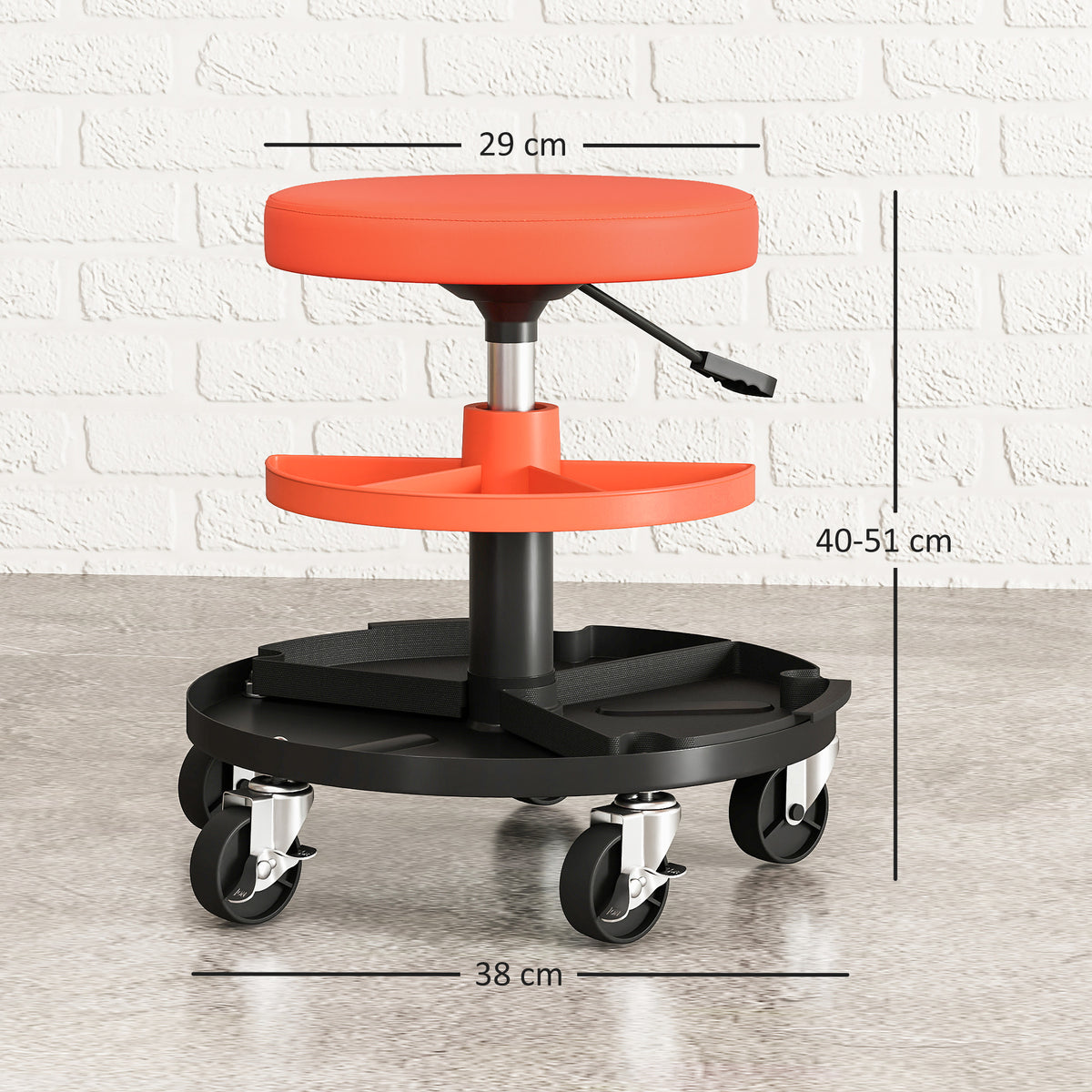 Tabouret d'atelier à roulettes, tabouret de mécanicien avec hauteur réglable 40-51 cm, 2 étagères 38x38x51cm, orange-2