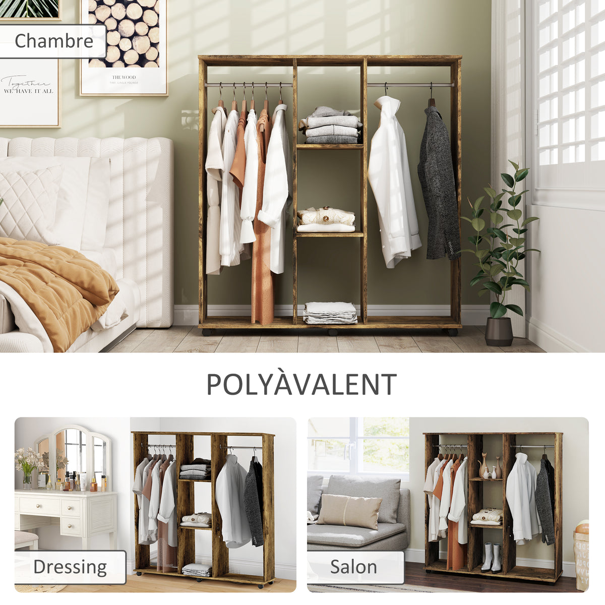 Armoire penderie meuble de rangement mobile 6 roulettes 120 x 40 x 128 cm en bois marron-4