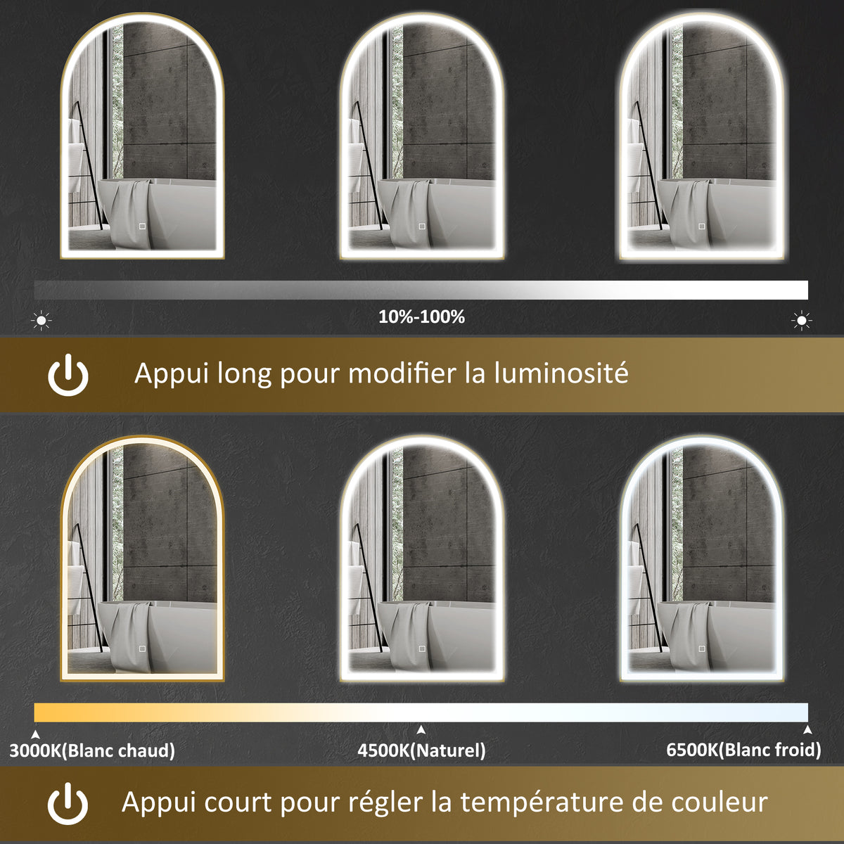 Miroir de salle de bain LED 90 x 60cm, mural, 3 couleurs, arqué cadre en aluminium, désembuage et interrupteur tactile-3