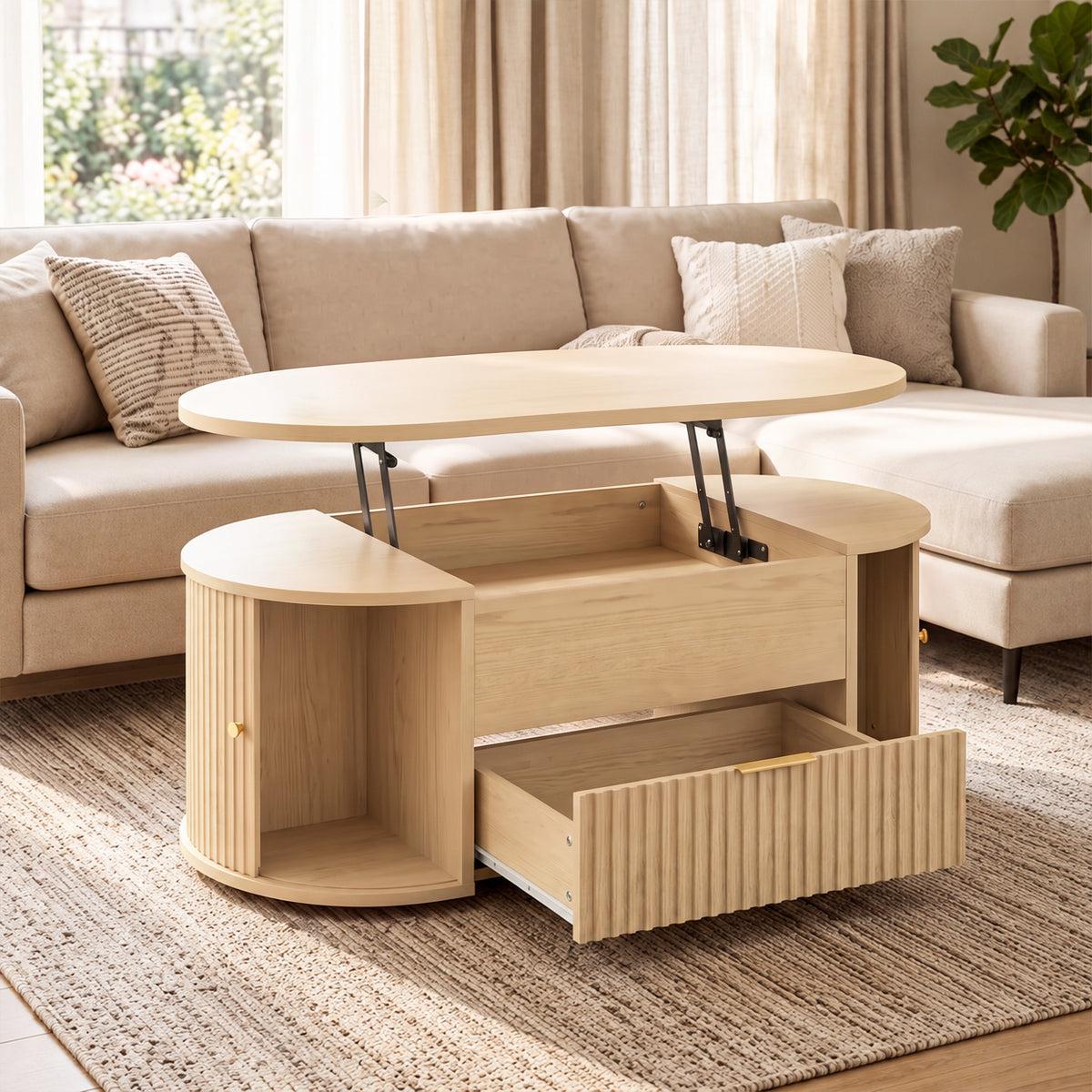 Table Basse Relevable Ovale, Compartiment Caché, Tiroir Cannelé, Portes Coulissantes et Placards, 100x50x40cm, Chêne-1