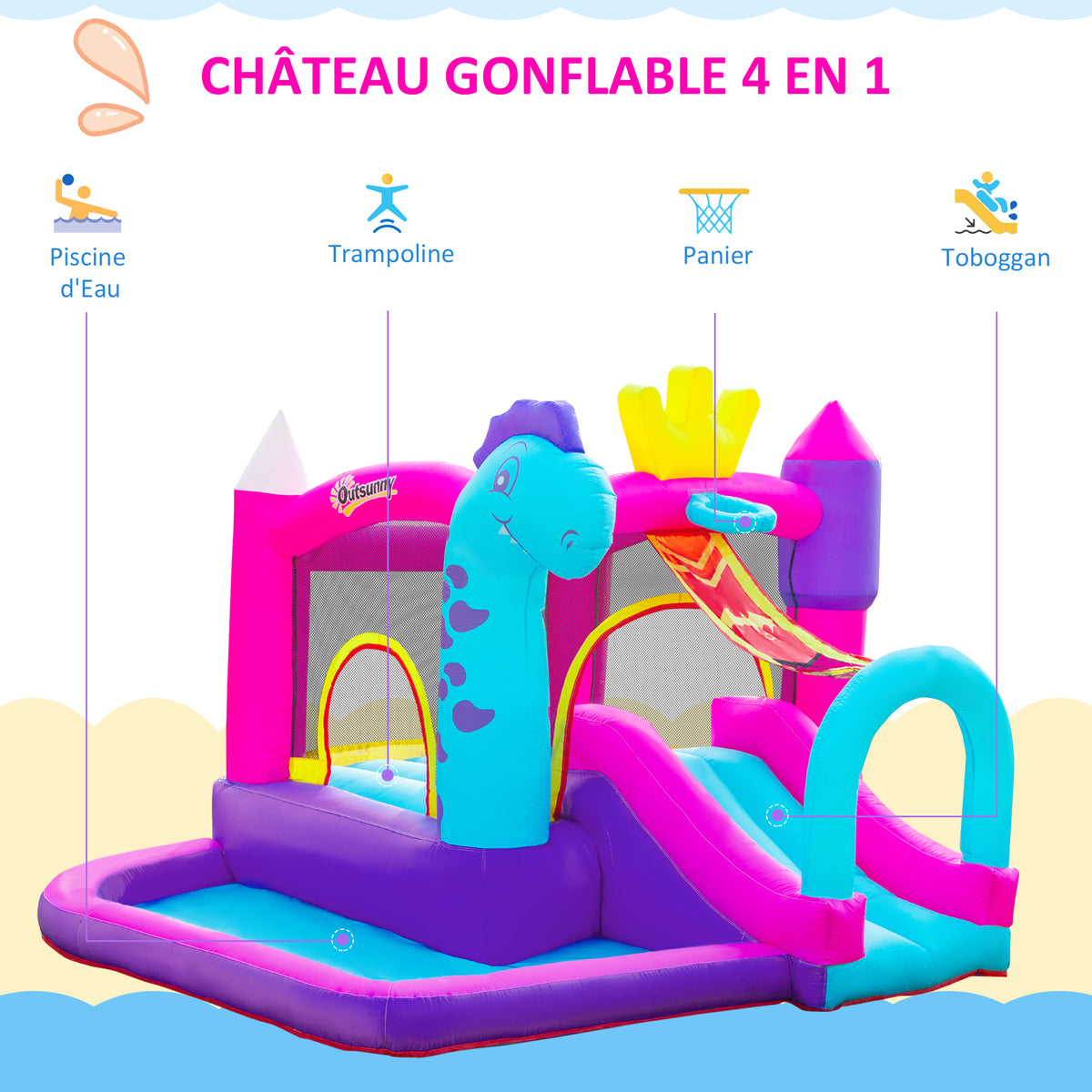 Château Gonflable avec Toboggan, Trampoline, Aire de Jeux Piscine et Panier Jusqu'à 3 Enfants +3 Ans gonfleur et Sac de Transport Souffleur 350W inclus dim. 300L x 270l x 200H cm Multicolore-3