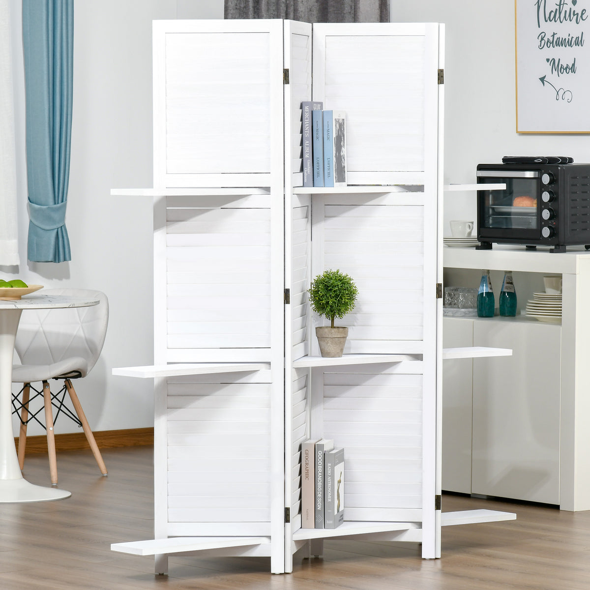 Paravent Intérieur en Bois 4 Panneaux 160 x 170 cm, Séparateur de Pièce Pliable avec 3 Étagères, Cloison de Séparation pour Salon, Chambre à Coucher, Maison, Blanc-9