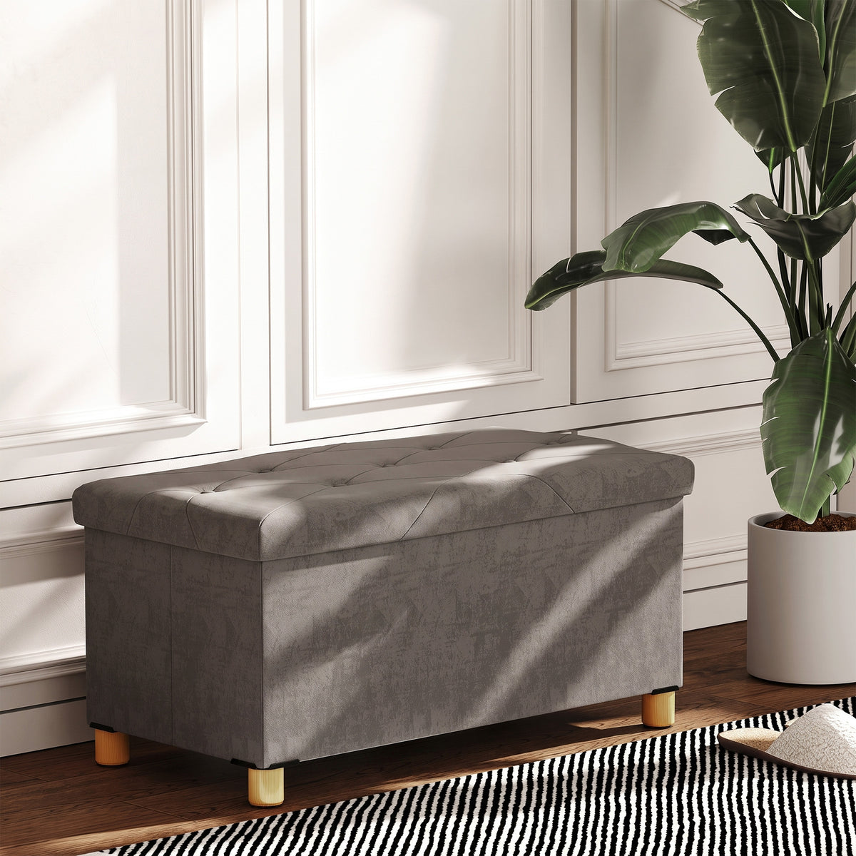 Banc de rangement bout de lit pliable volume 67 L capacité de charge 120 kg avec couvercle 76L x 38l x 38H cm gris-1