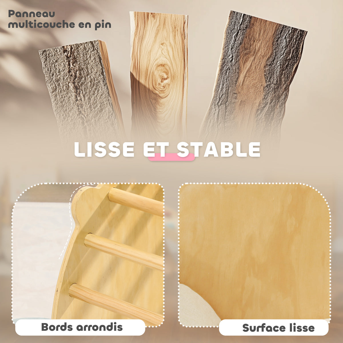 3 en 1 Arche d'escalade fauteuil à bascule et table de jeu coussin, en bois naturel, pour enfants de 18 à 48 mois-4