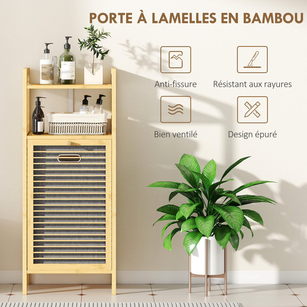 Meuble de rangement en bambou meuble de salle de bain étagère panier à linge basculant 40x30x95cm effet bois naturel-5