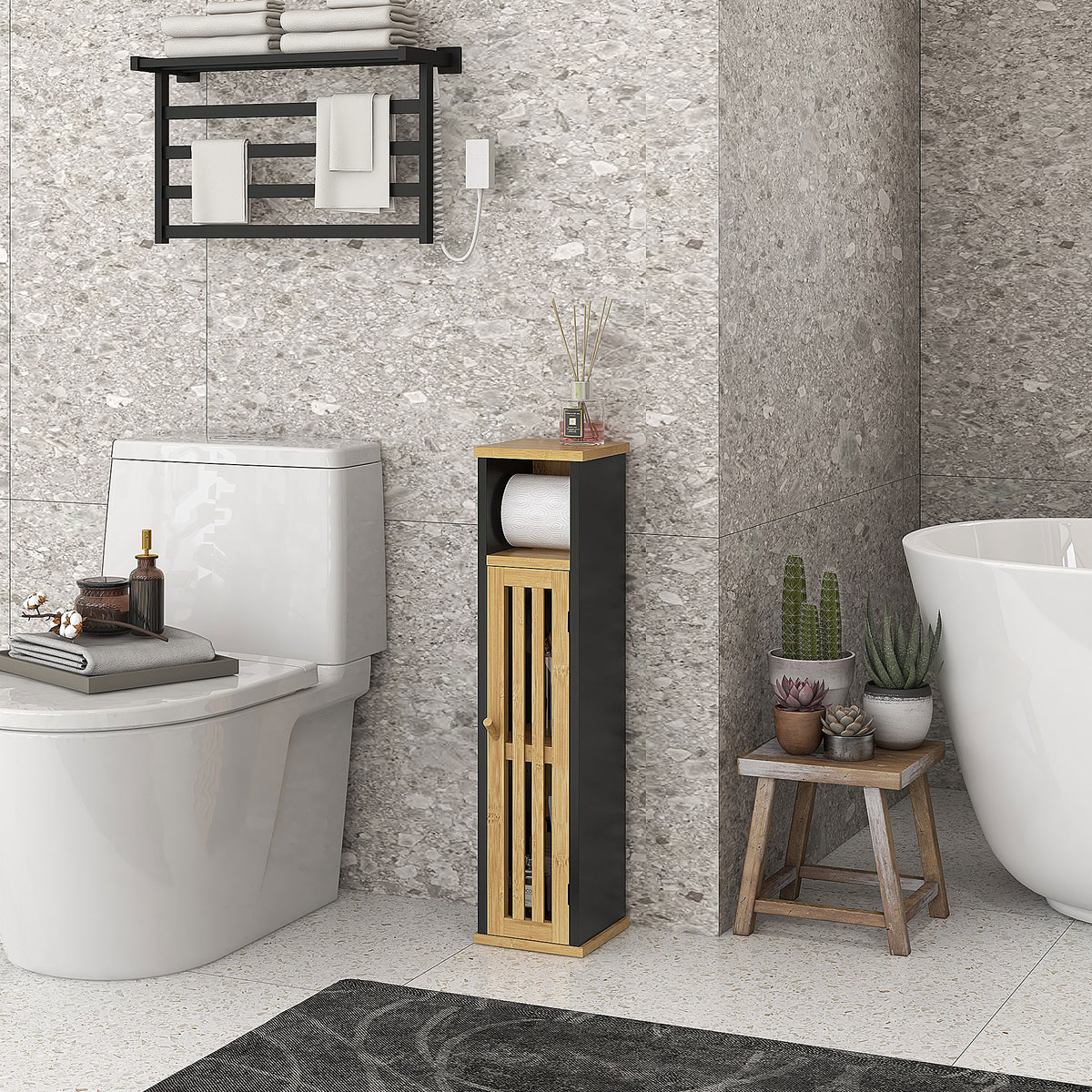 Meuble de salle de bain avec support papier toilette rangement avec barre amovible 2 Niveaux + Sortie Papier MDF Bambou-1