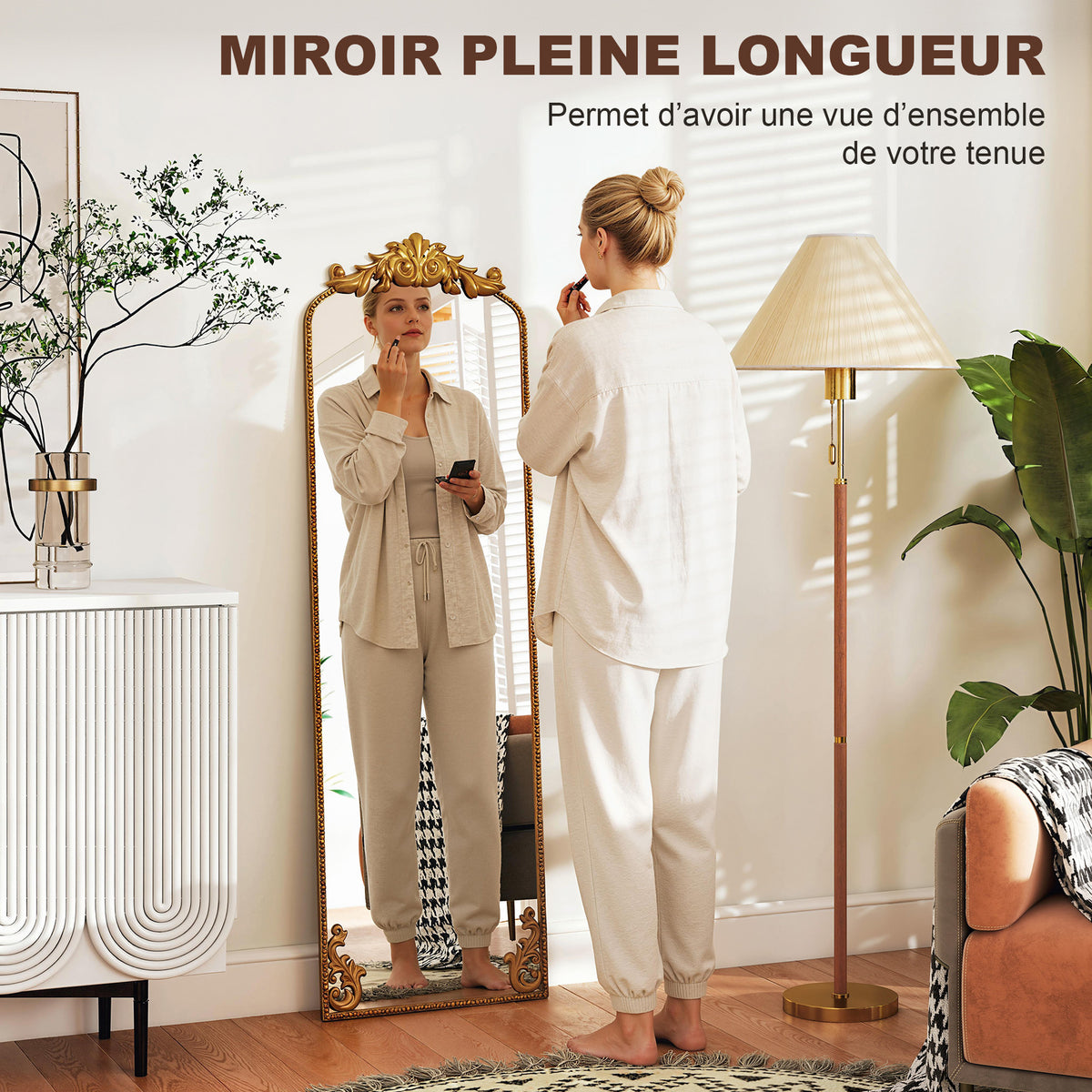 Miroir Pleine Longueur Baroque, 160 x 50 cm, Cadre en Métal, Montage au Sol, Suspendu ou Appuyé contre Le Mur, Doré-3