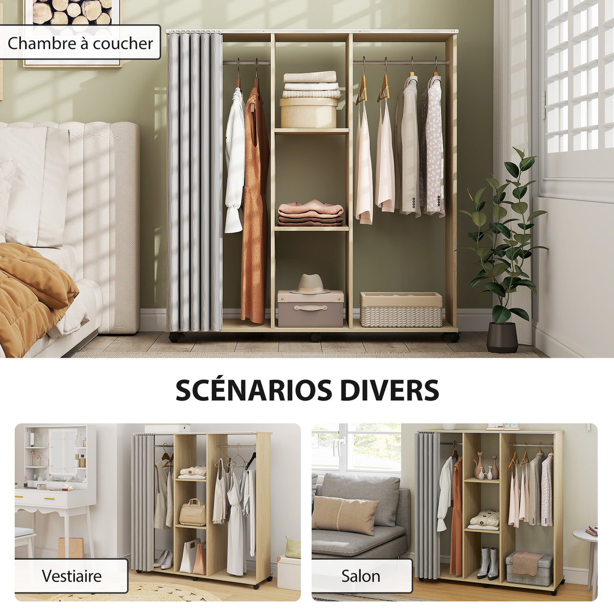 Armoire penderie Meuble de Rangement Mobile 6 roulettes 120L x 40l x 128H cm en bois naturel-4