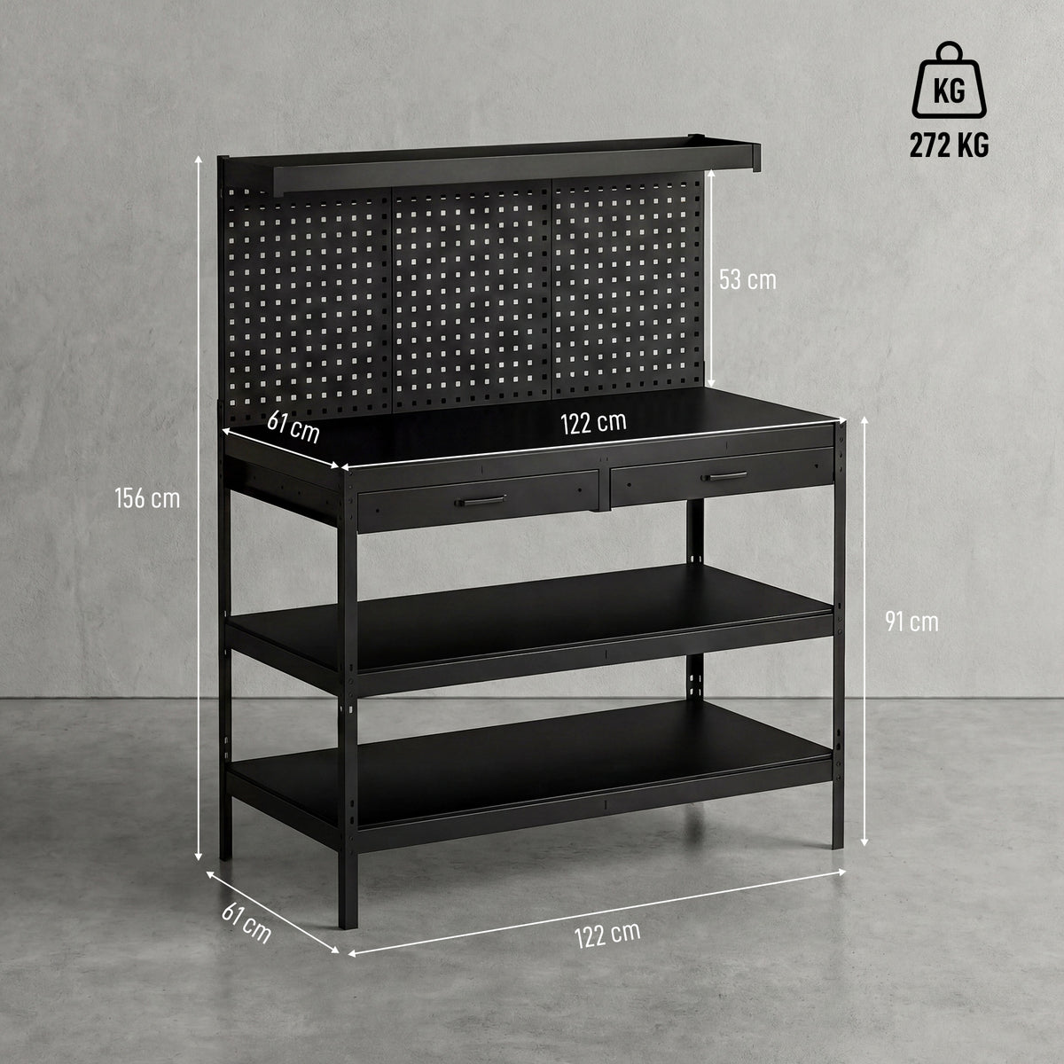 Établi d'Atelier, Charge Max. 272 kg, 122x61x156 cm, Panneau Perforé, 2 Tiroirs et 2 Étagères Réglables, Noir-2