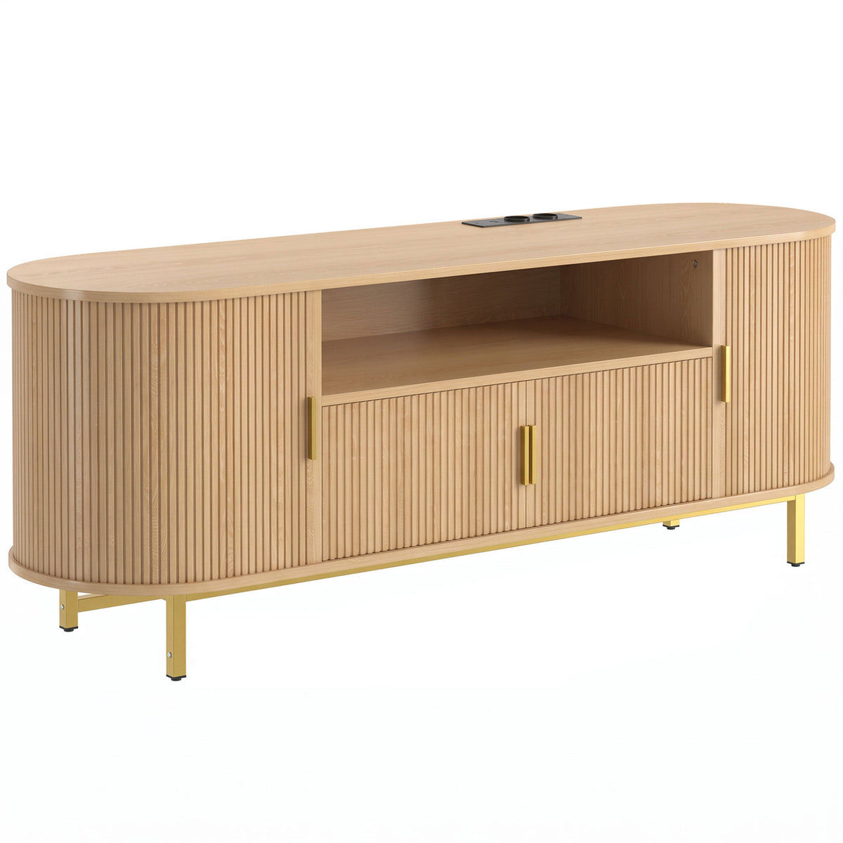 Meuble TV 140 cm avec 2 Prises et 2 Ports, Meuble Télé pour 84 Pouces, 2 Portes Battantes, 2 Portes Coulissantes, Chêne-0