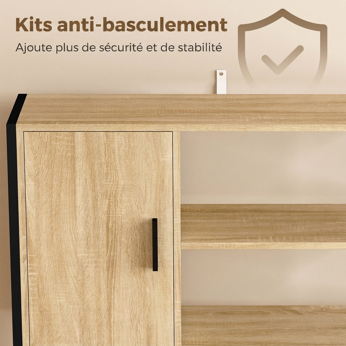 Buffet Haut Cuisine, Armoire de Cuisine, 3 Portes à Fermeture Douce, Tiroir, Plan de Travail, Niches Ouvertes, Naturel-6