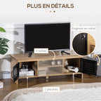 Meuble TV Banc TV 110 cm Design Industriel, avec 2 placards, 2 niches, 2 Passe-Fils, Aspect Bois veinage Portes métal Noir-6