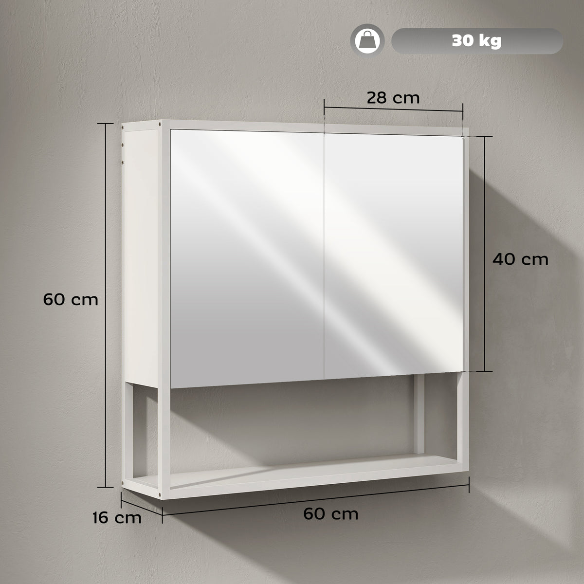 Armoire murale salle de bain avec miroir, meuble salle de bain, 2 portes miroir, étagère ouverte 60 x 16 x 60 cm blanc-2