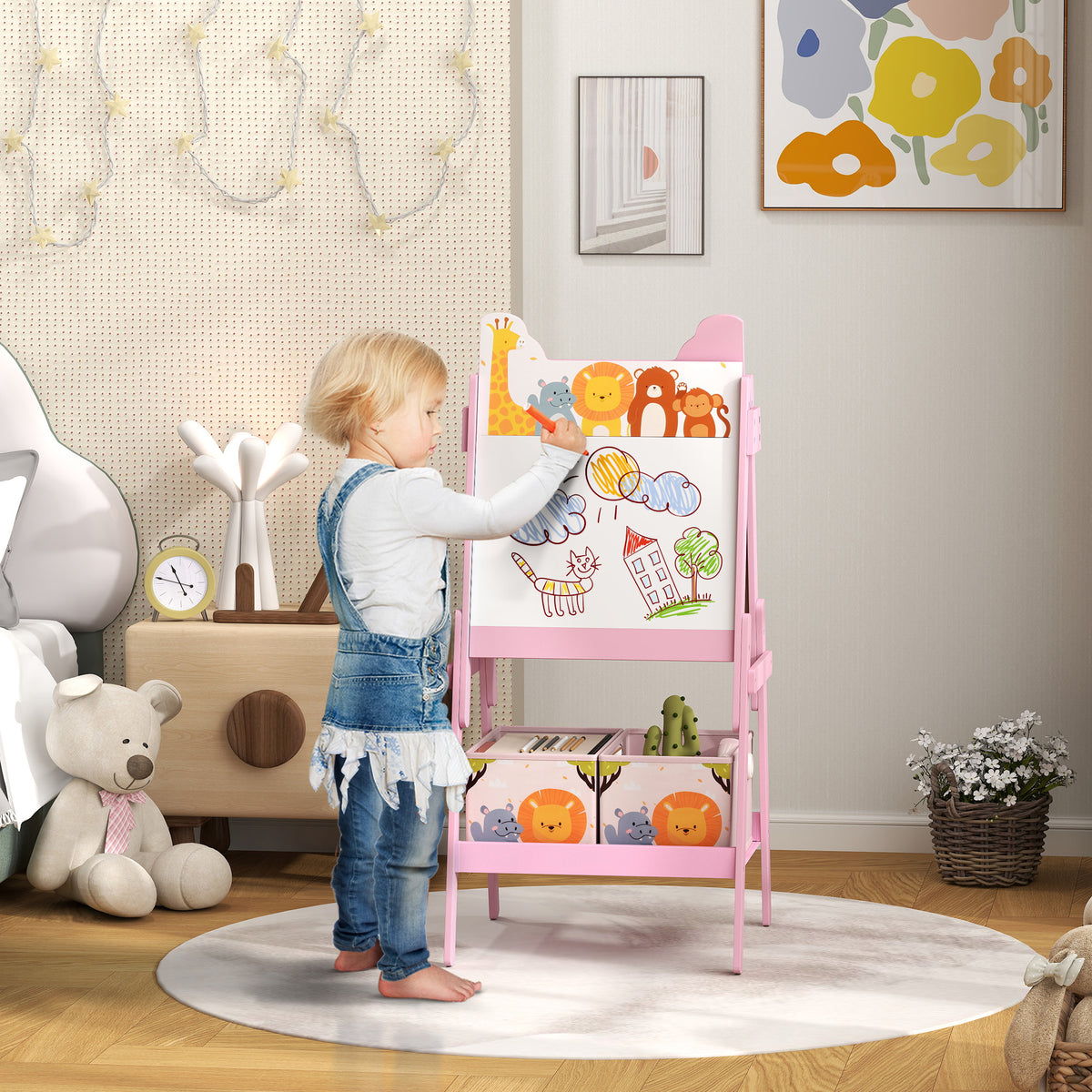 Tableau enfant chevalet enfant double face 2 boîtes de rangement pour enfants 3 - 8 ans 49 x 53,5 x 113 cm rose-1