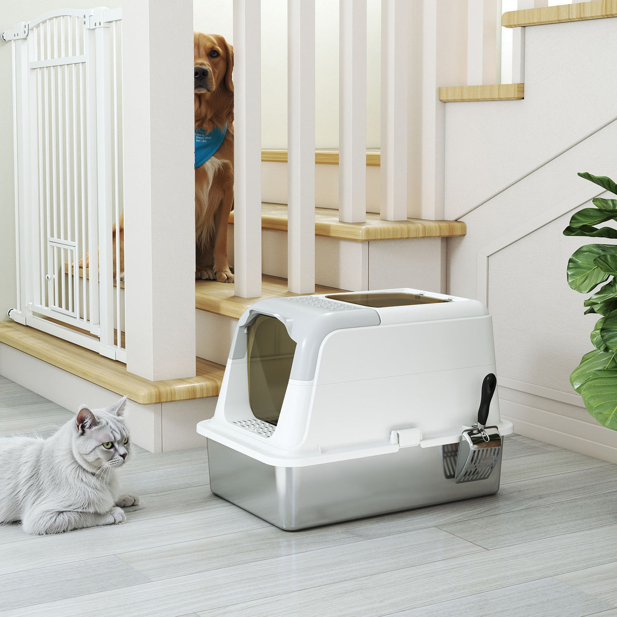 Maison de toilette pour chat bac à litière fermé bac acier inoxydable, nettoyage facile, 60,4 x 40,4 x 41,8 cm, blanc-9