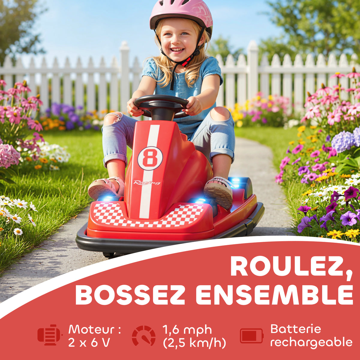 Auto-Tamponneuse Enfant 6V, Rotation à 360°, Musique, Klaxon, Démarrage Doux, 2,5 km/h, pour Âges 3-8, 74x53x48cm, Rouge-3