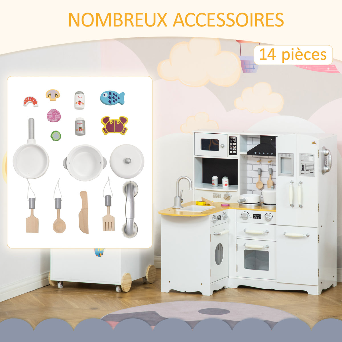 Cuisine pour Enfant 3-6 ans Jeu d'imitation Nombreux Accessoires rangements évier, robinet, four, micro-ondes, hotte, téléphone et réfrigérateur Blanc-4