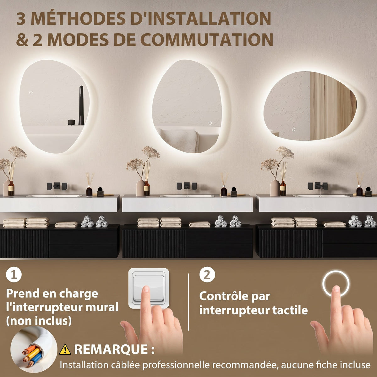 Miroir de Salle de Bain Asymétrique LED 70 x 50 cm - 3 couleurs, anti-buée, montage mural avec interrupteur tactile-6