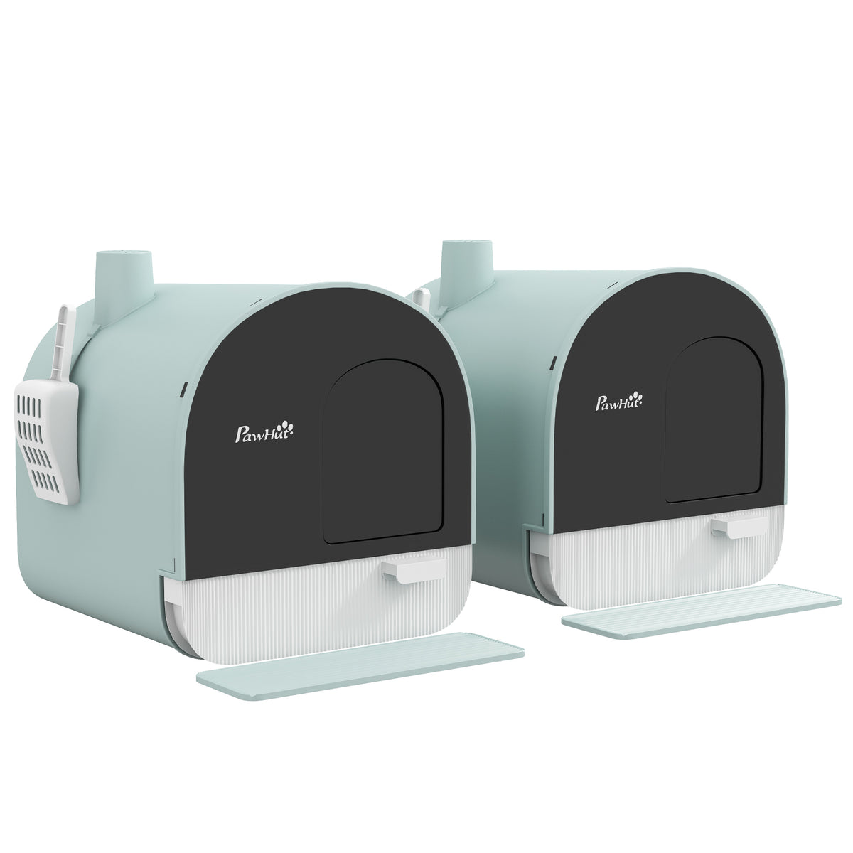 Lot de 2 bacs à litière pour chat avec porte battante, pelle et filtre inclus dim. 43L x 44l x 47H cm-0